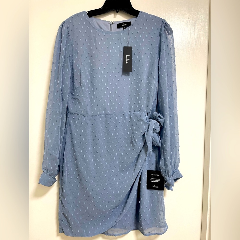 NWT Lulu’s- Light Blue Swiss Dot Long Sleeve Tie-Front Mini Dress